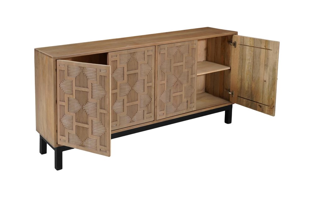 80" Brown Solid Wood Carved Geometric Sideboard with Four Doors HomeRoots