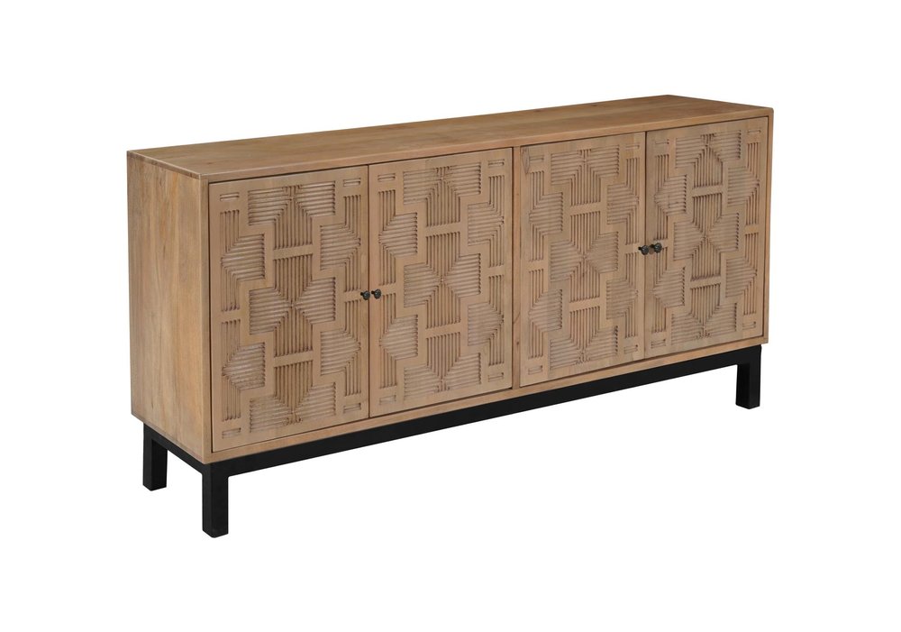 80" Brown Solid Wood Carved Geometric Sideboard with Four Doors HomeRoots