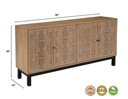 80" Brown Solid Wood Carved Geometric Sideboard with Four Doors HomeRoots