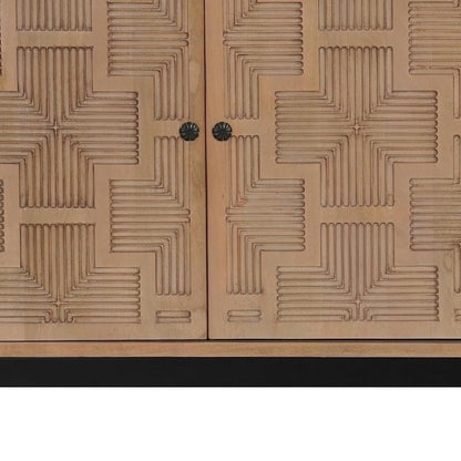 80" Brown Solid Wood Carved Geometric Sideboard with Four Doors HomeRoots