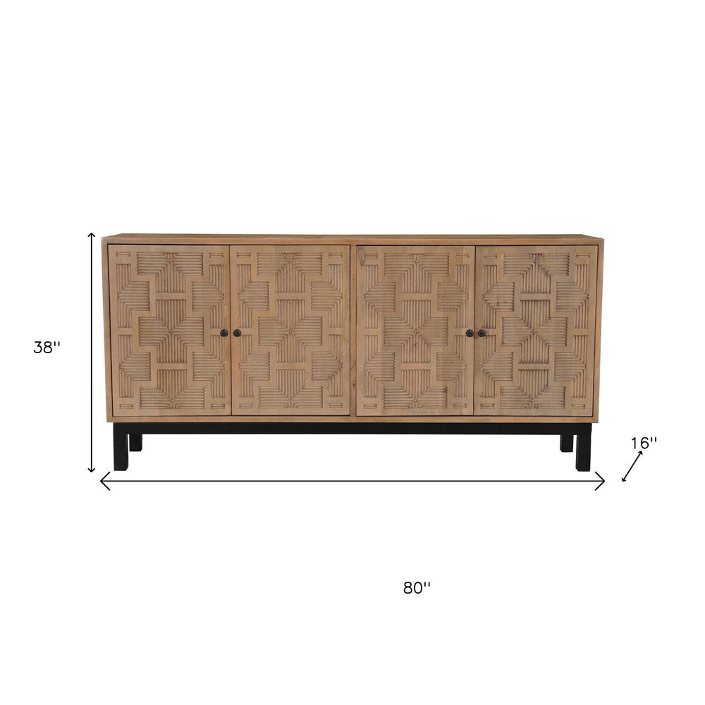 80" Brown Solid Wood Carved Geometric Sideboard with Four Doors HomeRoots