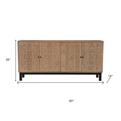 80" Brown Solid Wood Carved Geometric Sideboard with Four Doors HomeRoots