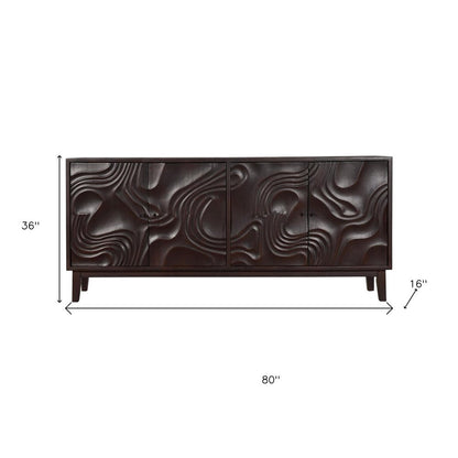 80" Dark Brown Solid Wood Carved Abstract Sideboard with Four Doors HomeRoots
