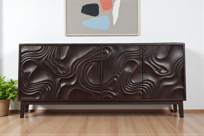 80" Dark Brown Solid Wood Carved Abstract Sideboard with Four Doors HomeRoots