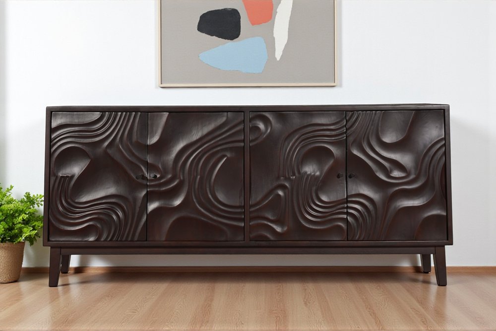 80" Dark Brown Solid Wood Carved Abstract Sideboard with Four Doors HomeRoots