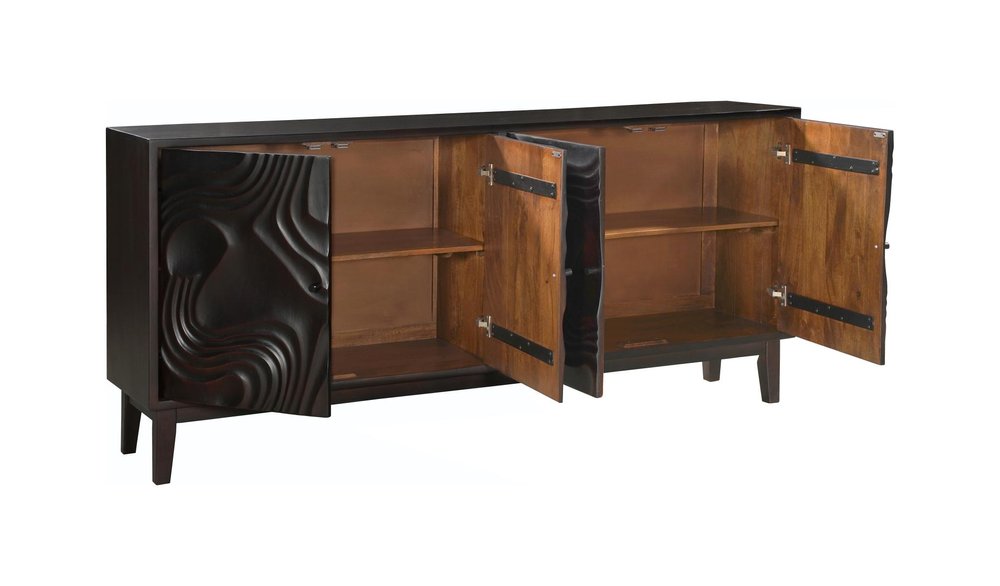 80" Dark Brown Solid Wood Carved Abstract Sideboard with Four Doors HomeRoots