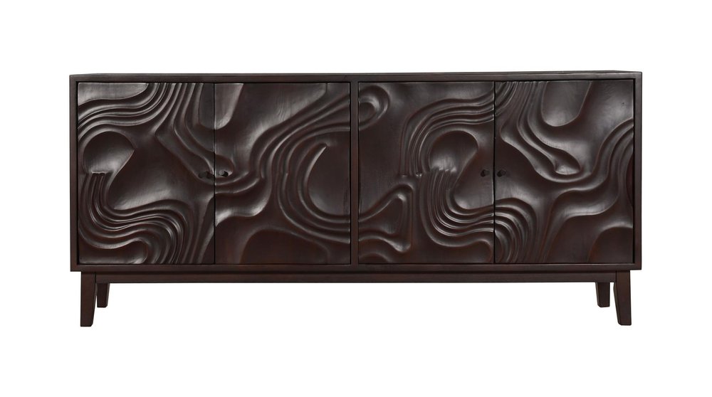 80" Dark Brown Solid Wood Carved Abstract Sideboard with Four Doors HomeRoots