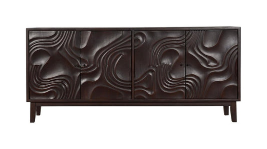 80" Dark Brown Solid Wood Carved Abstract Sideboard with Four Doors HomeRoots