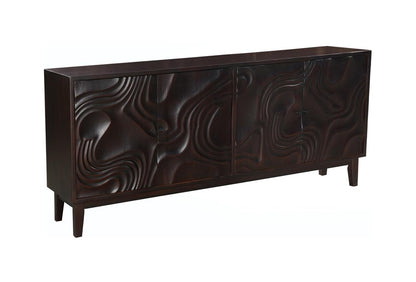 80" Dark Brown Solid Wood Carved Abstract Sideboard with Four Doors HomeRoots
