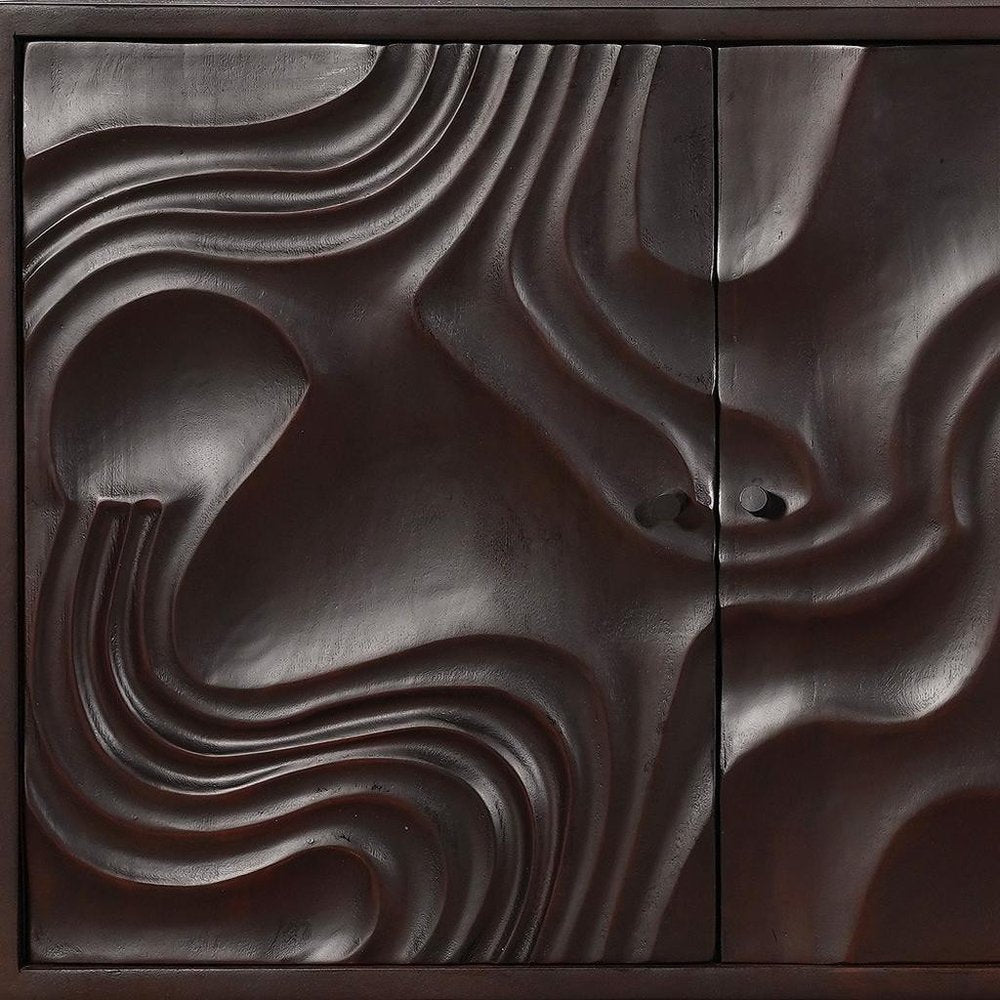 80" Dark Brown Solid Wood Carved Abstract Sideboard with Four Doors HomeRoots
