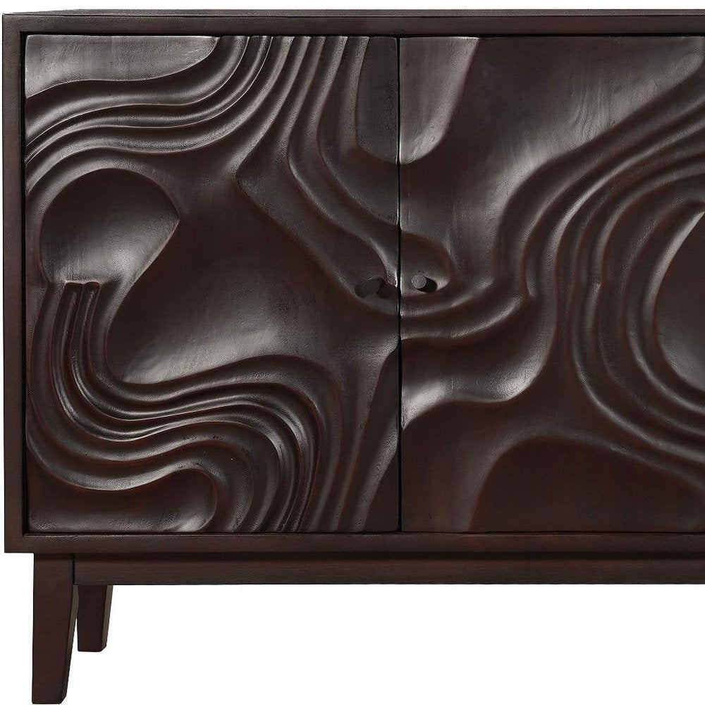 80" Dark Brown Solid Wood Carved Abstract Sideboard with Four Doors HomeRoots