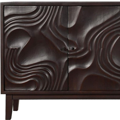 80" Dark Brown Solid Wood Carved Abstract Sideboard with Four Doors HomeRoots