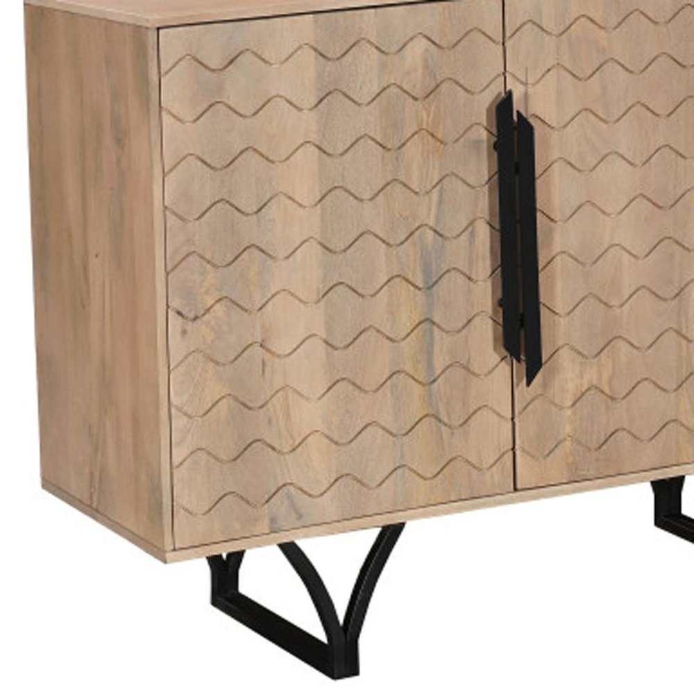 84" Beige Solid Wood Carved Geometric Sideboard with Four Doors HomeRoots