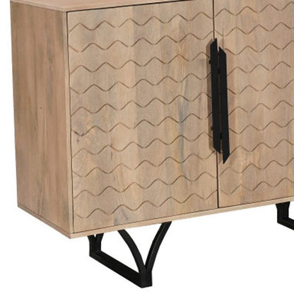84" Beige Solid Wood Carved Geometric Sideboard with Four Doors HomeRoots