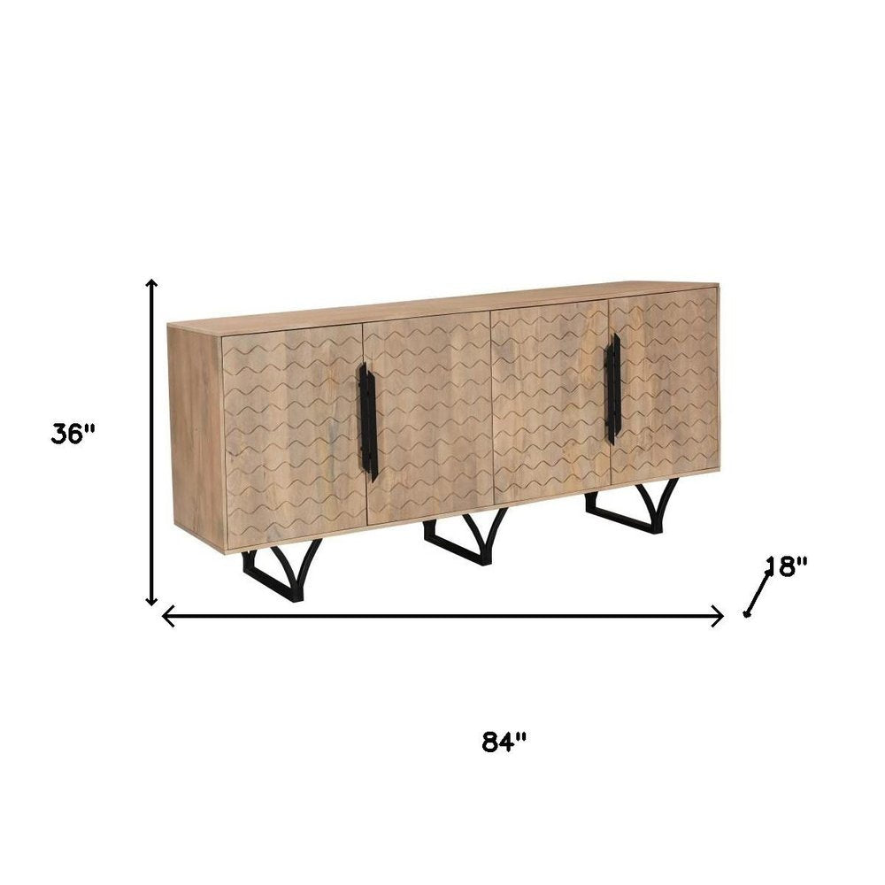 84" Beige Solid Wood Carved Geometric Sideboard with Four Doors HomeRoots