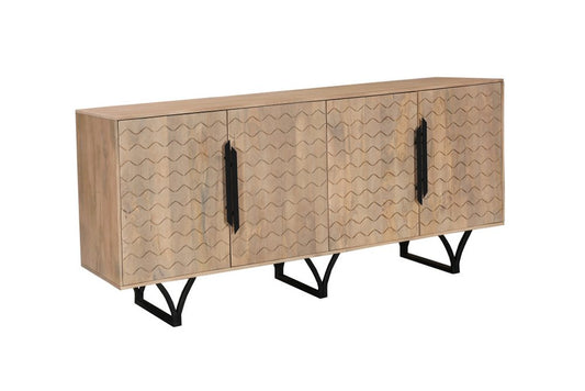 84" Beige Solid Wood Carved Geometric Sideboard with Four Doors HomeRoots