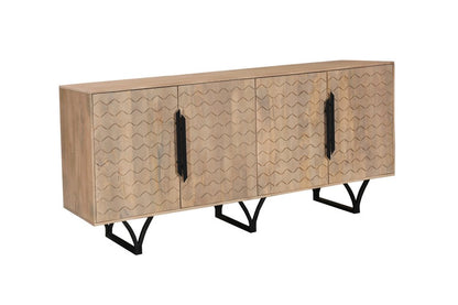 84" Beige Solid Wood Carved Geometric Sideboard with Four Doors HomeRoots