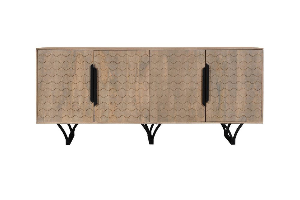 84" Beige Solid Wood Carved Geometric Sideboard with Four Doors HomeRoots