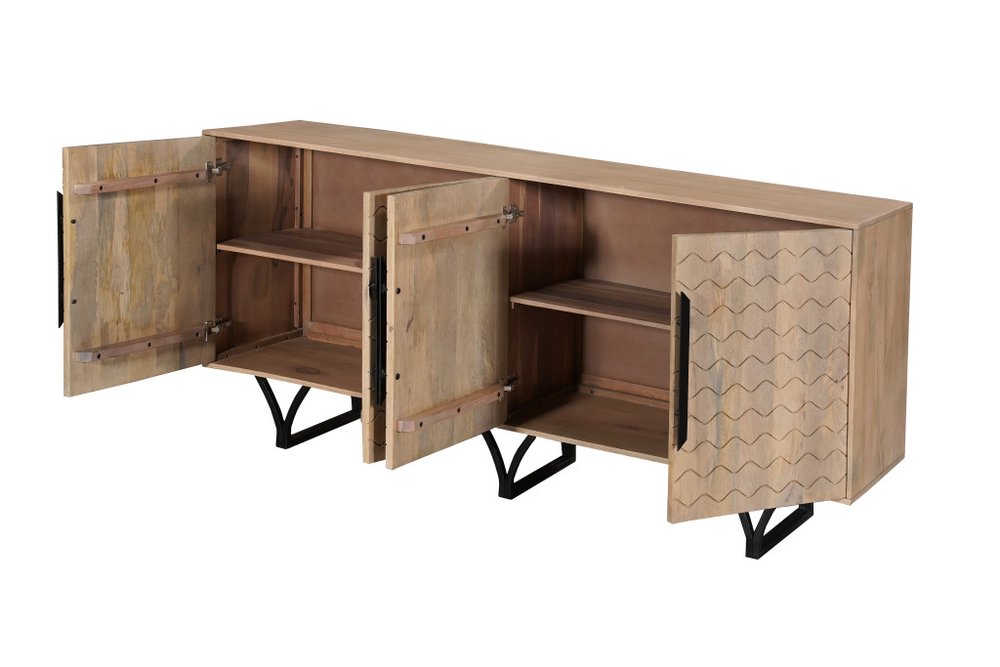 84" Beige Solid Wood Carved Geometric Sideboard with Four Doors HomeRoots