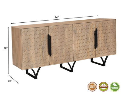 84" Beige Solid Wood Carved Geometric Sideboard with Four Doors HomeRoots