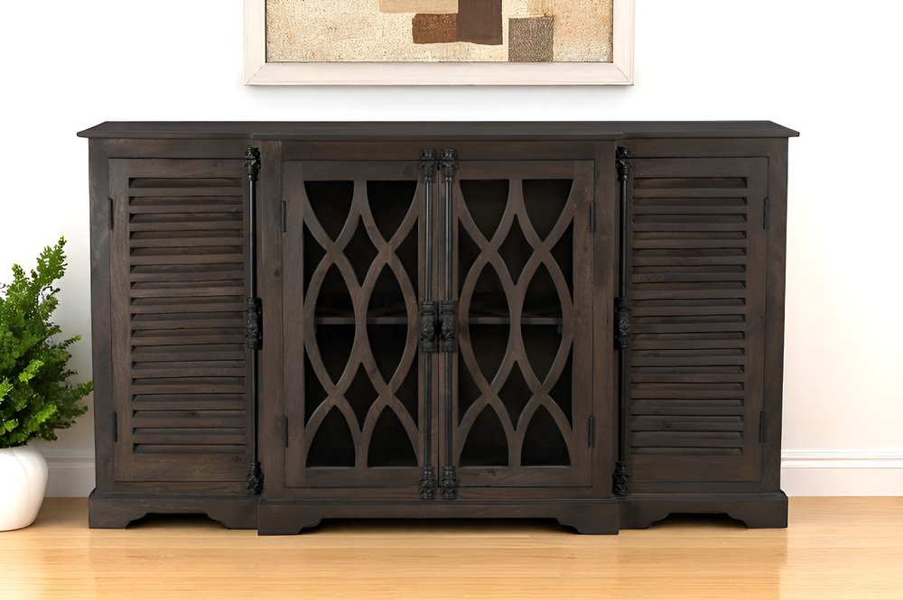 70" Dark Brown Solid Wood Carved Geometric Sideboard with Four Doors HomeRoots