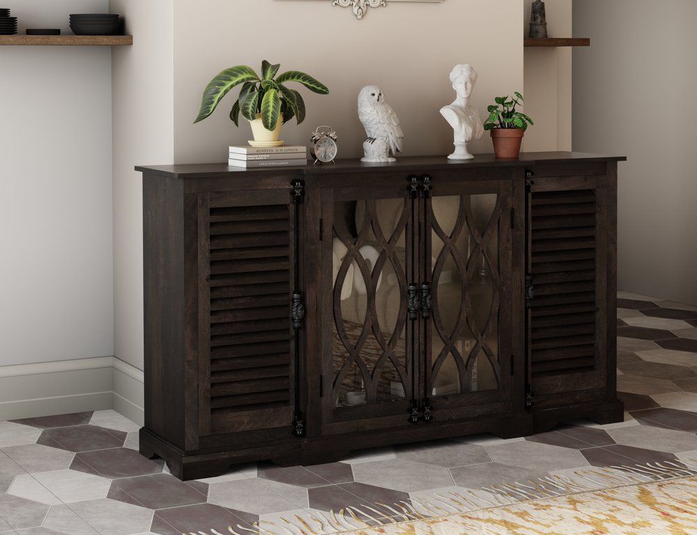 70" Dark Brown Solid Wood Carved Geometric Sideboard with Four Doors HomeRoots