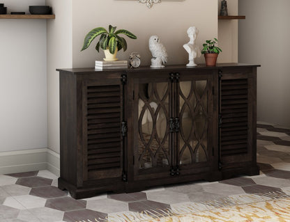 70" Dark Brown Solid Wood Carved Geometric Sideboard with Four Doors HomeRoots