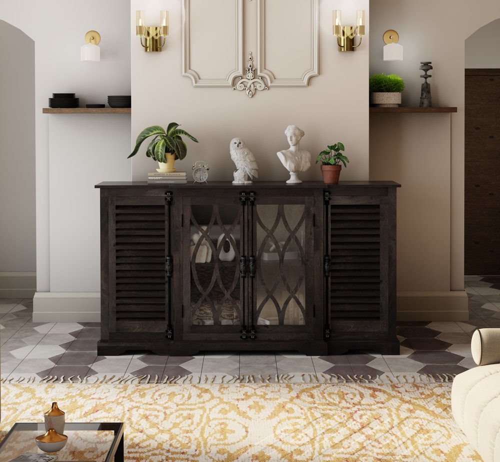 70" Dark Brown Solid Wood Carved Geometric Sideboard with Four Doors HomeRoots