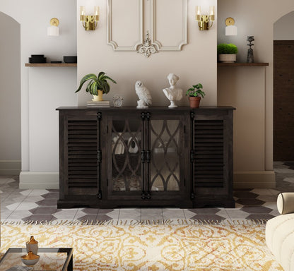 70" Dark Brown Solid Wood Carved Geometric Sideboard with Four Doors HomeRoots