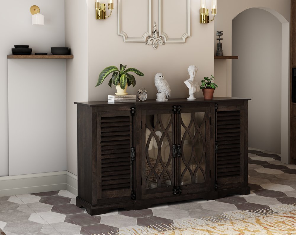 70" Dark Brown Solid Wood Carved Geometric Sideboard with Four Doors HomeRoots