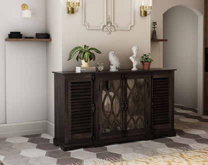 70" Dark Brown Solid Wood Carved Geometric Sideboard with Four Doors HomeRoots