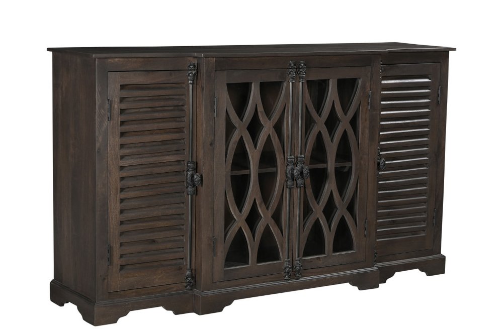 70" Dark Brown Solid Wood Carved Geometric Sideboard with Four Doors HomeRoots