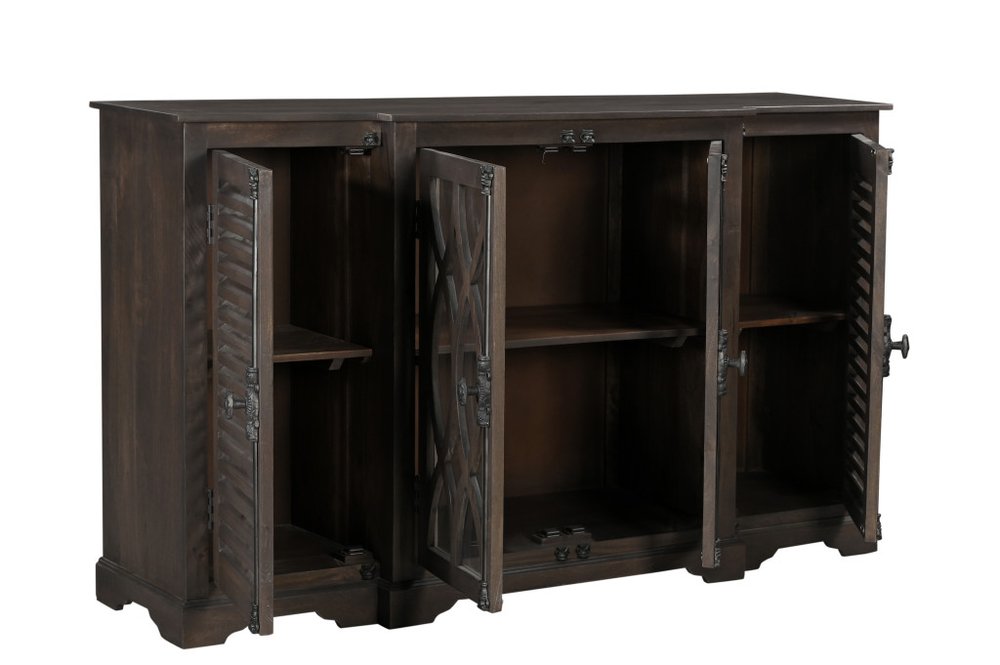 70" Dark Brown Solid Wood Carved Geometric Sideboard with Four Doors HomeRoots