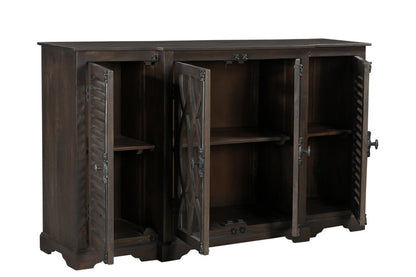 70" Dark Brown Solid Wood Carved Geometric Sideboard with Four Doors HomeRoots