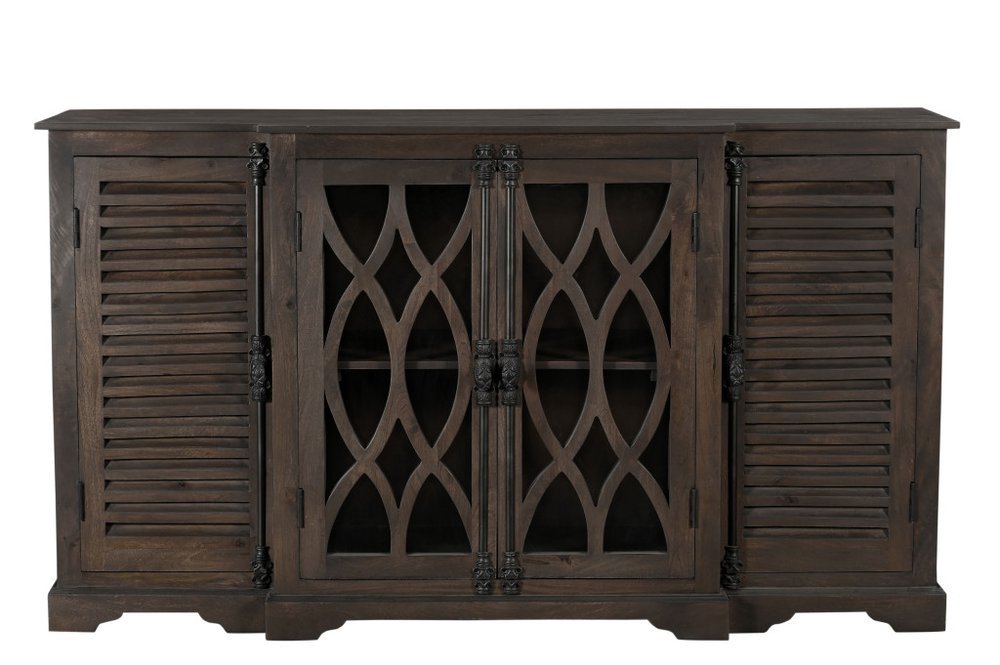70" Dark Brown Solid Wood Carved Geometric Sideboard with Four Doors HomeRoots