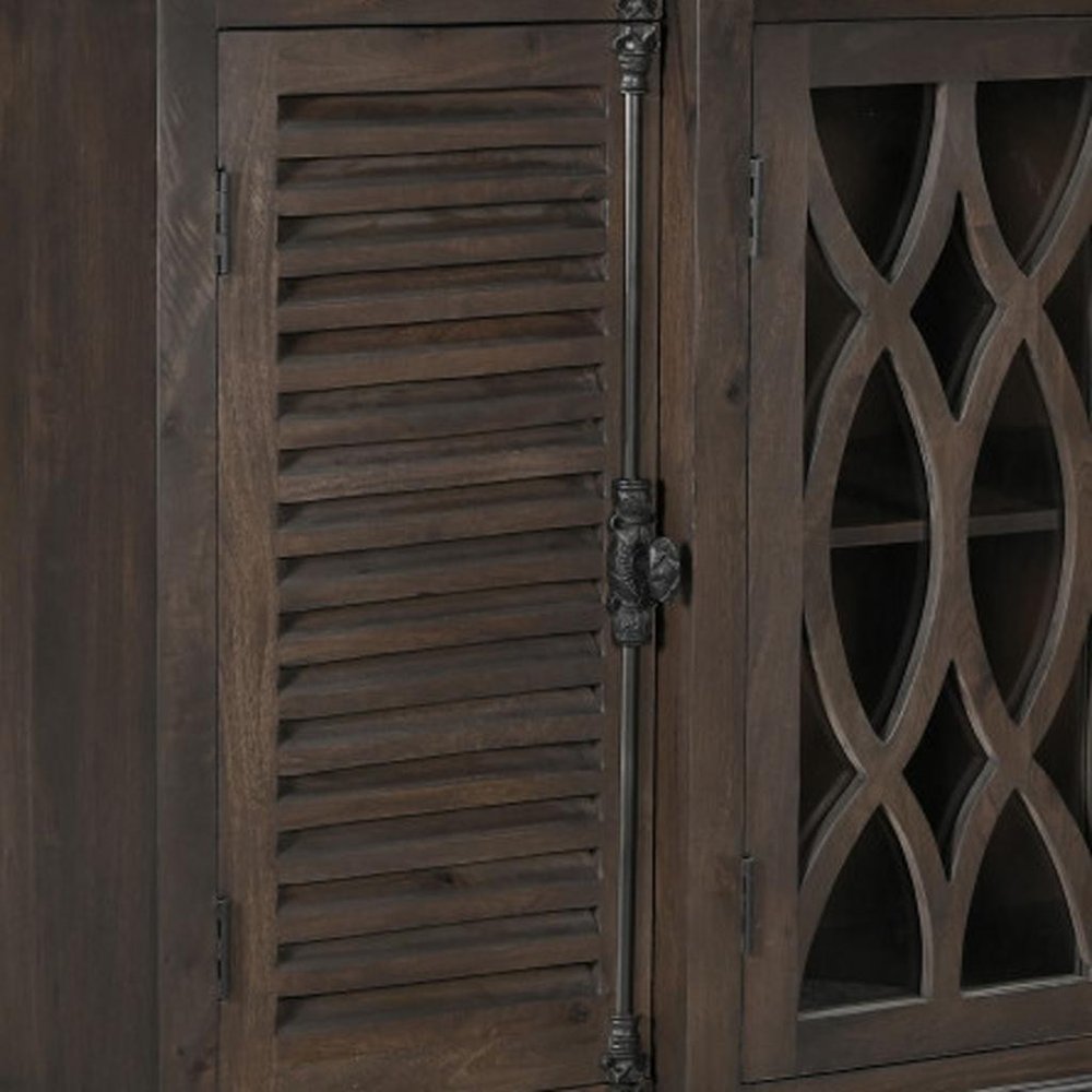 70" Dark Brown Solid Wood Carved Geometric Sideboard with Four Doors HomeRoots