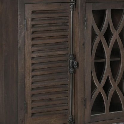 70" Dark Brown Solid Wood Carved Geometric Sideboard with Four Doors HomeRoots