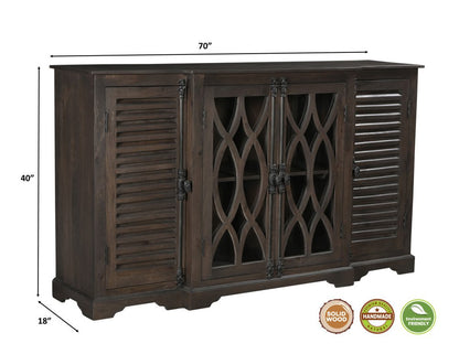 70" Dark Brown Solid Wood Carved Geometric Sideboard with Four Doors HomeRoots