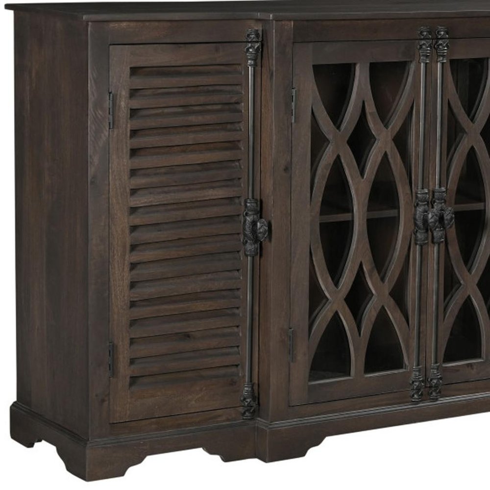 70" Dark Brown Solid Wood Carved Geometric Sideboard with Four Doors HomeRoots