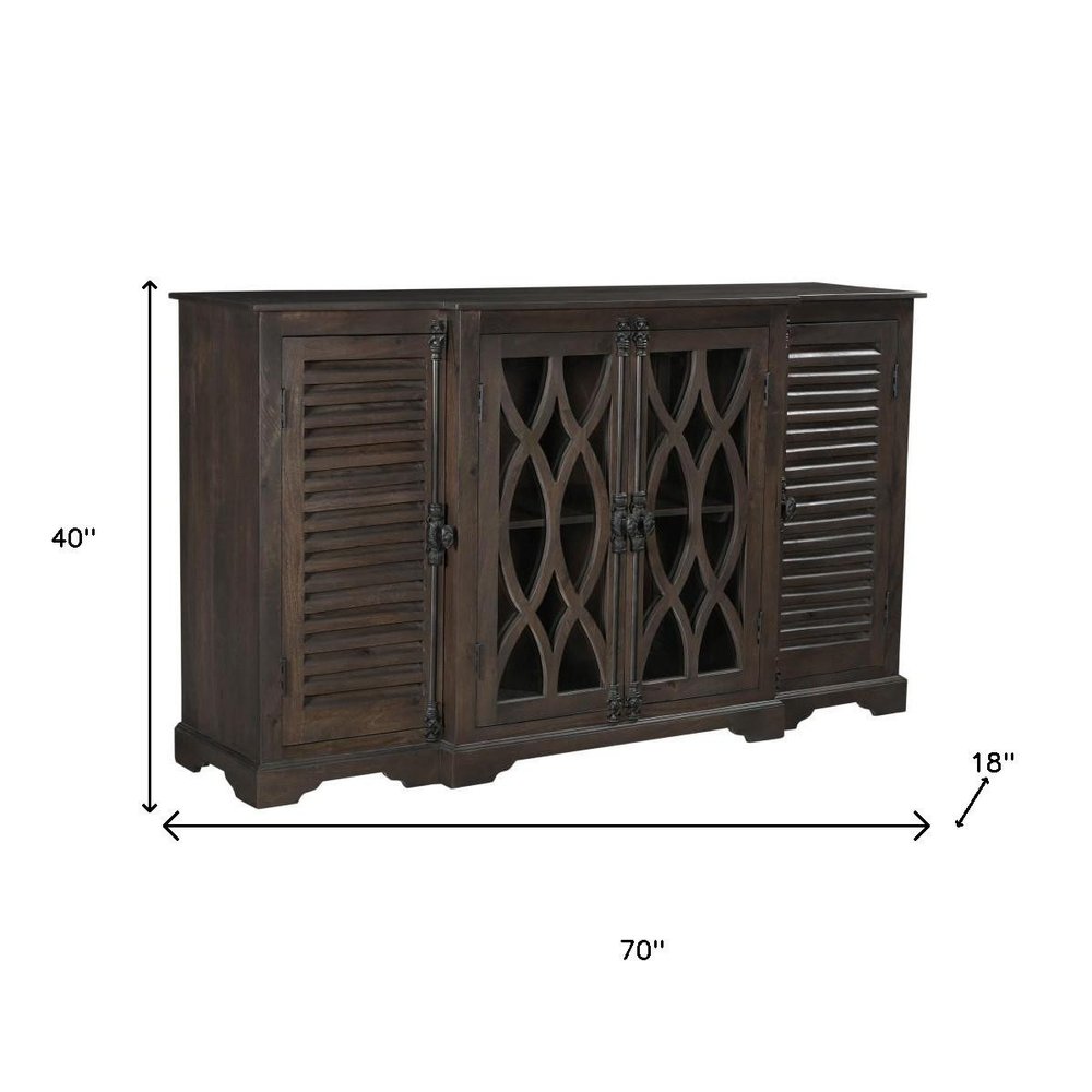 70" Dark Brown Solid Wood Carved Geometric Sideboard with Four Doors HomeRoots