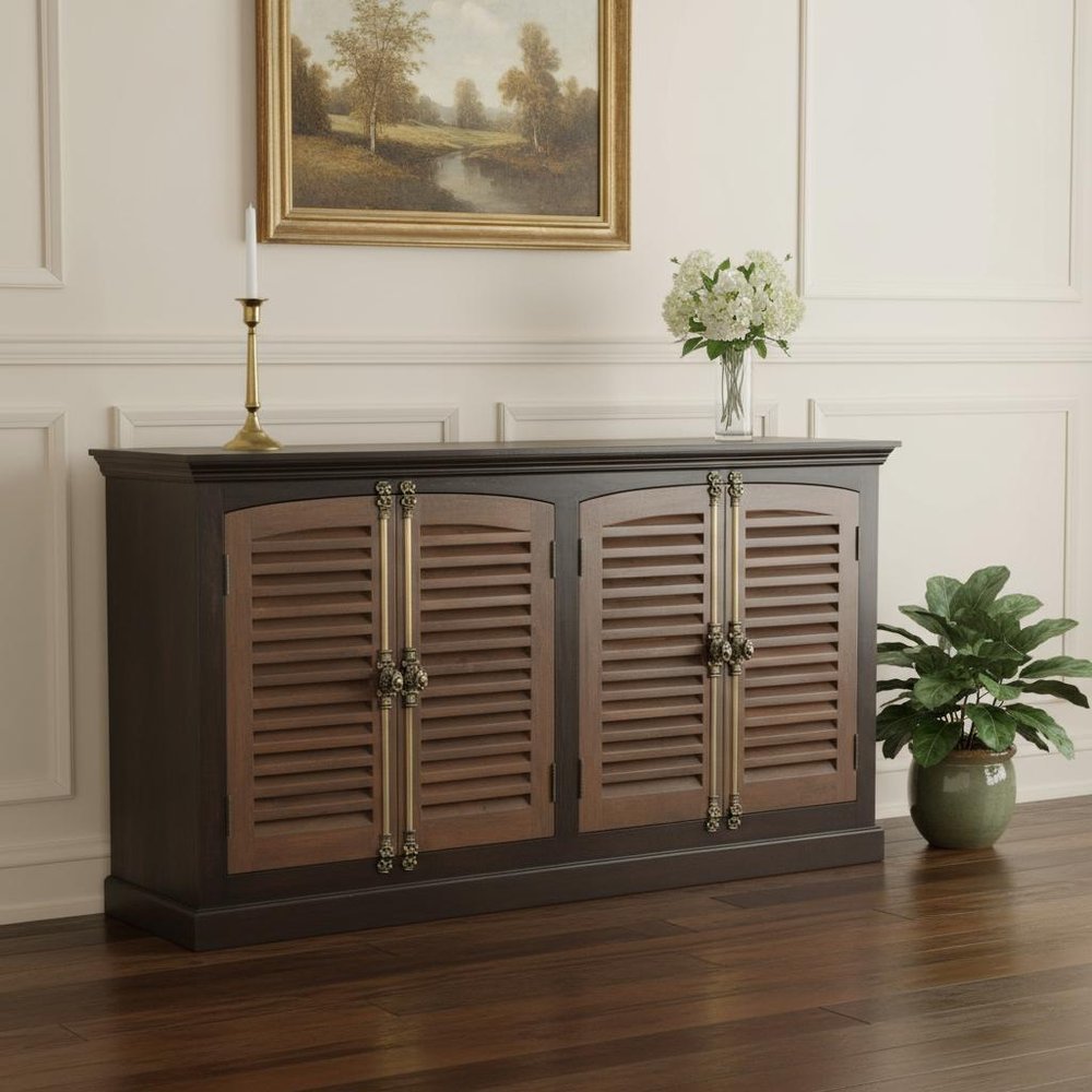 72" Dark Brown Solid Wood Shutter Style Sideboard with Four Doors HomeRoots