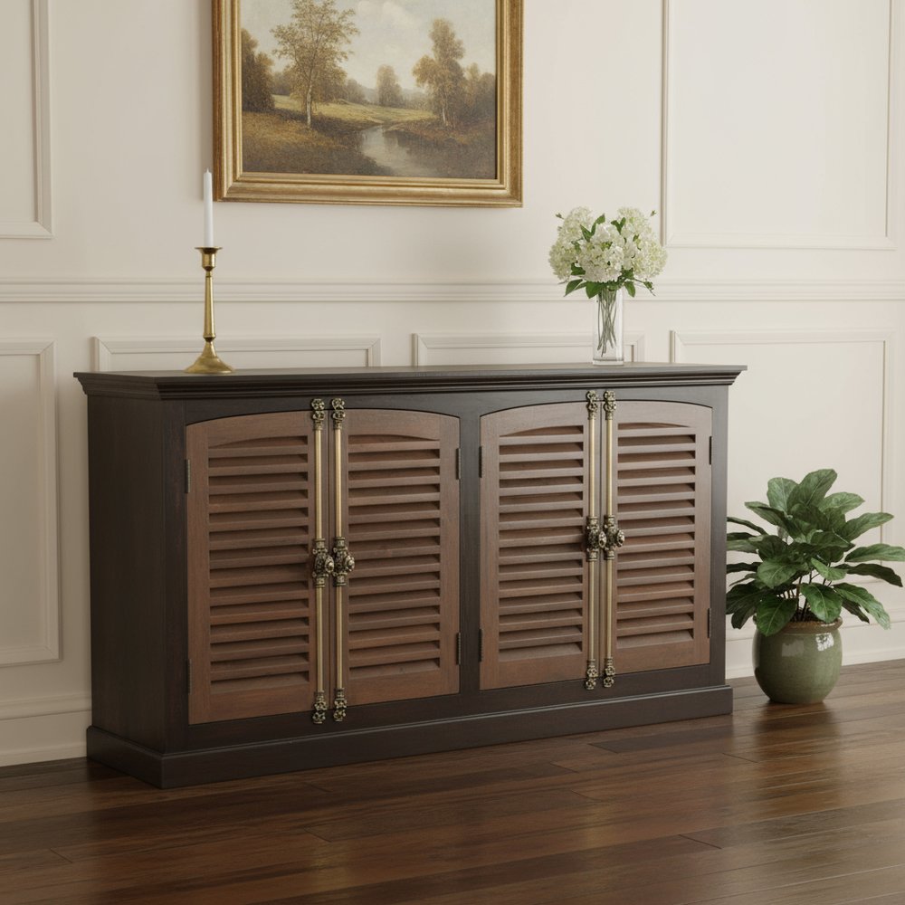 72" Dark Brown Solid Wood Shutter Style Sideboard with Four Doors HomeRoots