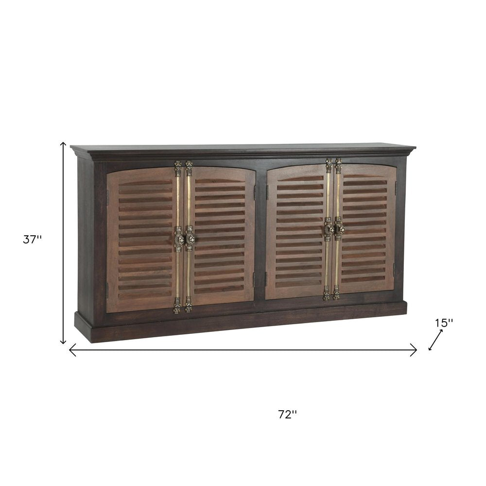 72" Dark Brown Solid Wood Shutter Style Sideboard with Four Doors HomeRoots