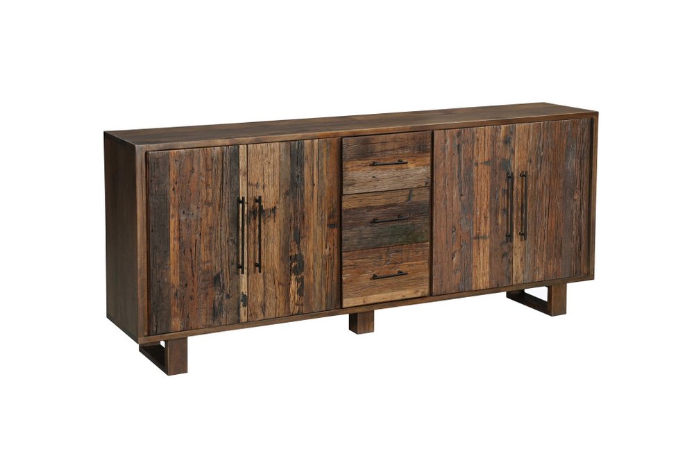 83" Dark Brown Distressed Reclaimed Wood Three Drawer Sideboard with Four Doors HomeRoots