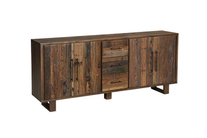 83" Dark Brown Distressed Reclaimed Wood Three Drawer Sideboard with Four Doors HomeRoots