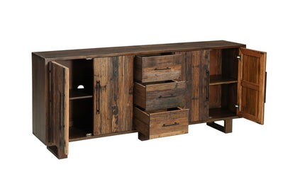 83" Dark Brown Distressed Reclaimed Wood Three Drawer Sideboard with Four Doors HomeRoots