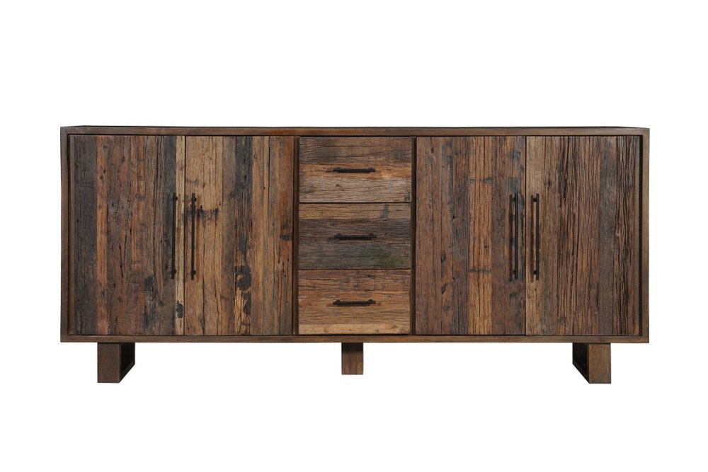 83" Dark Brown Distressed Reclaimed Wood Three Drawer Sideboard with Four Doors HomeRoots