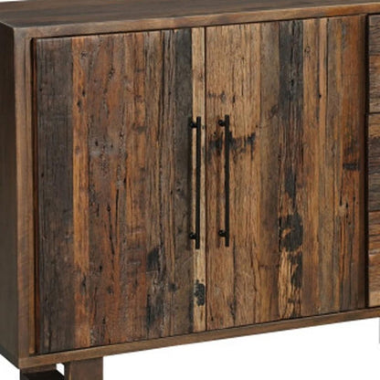 83" Dark Brown Distressed Reclaimed Wood Three Drawer Sideboard with Four Doors HomeRoots