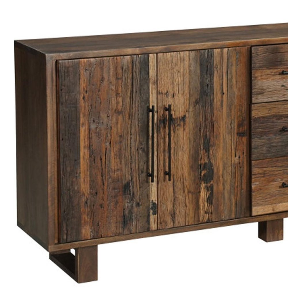 83" Dark Brown Distressed Reclaimed Wood Three Drawer Sideboard with Four Doors HomeRoots