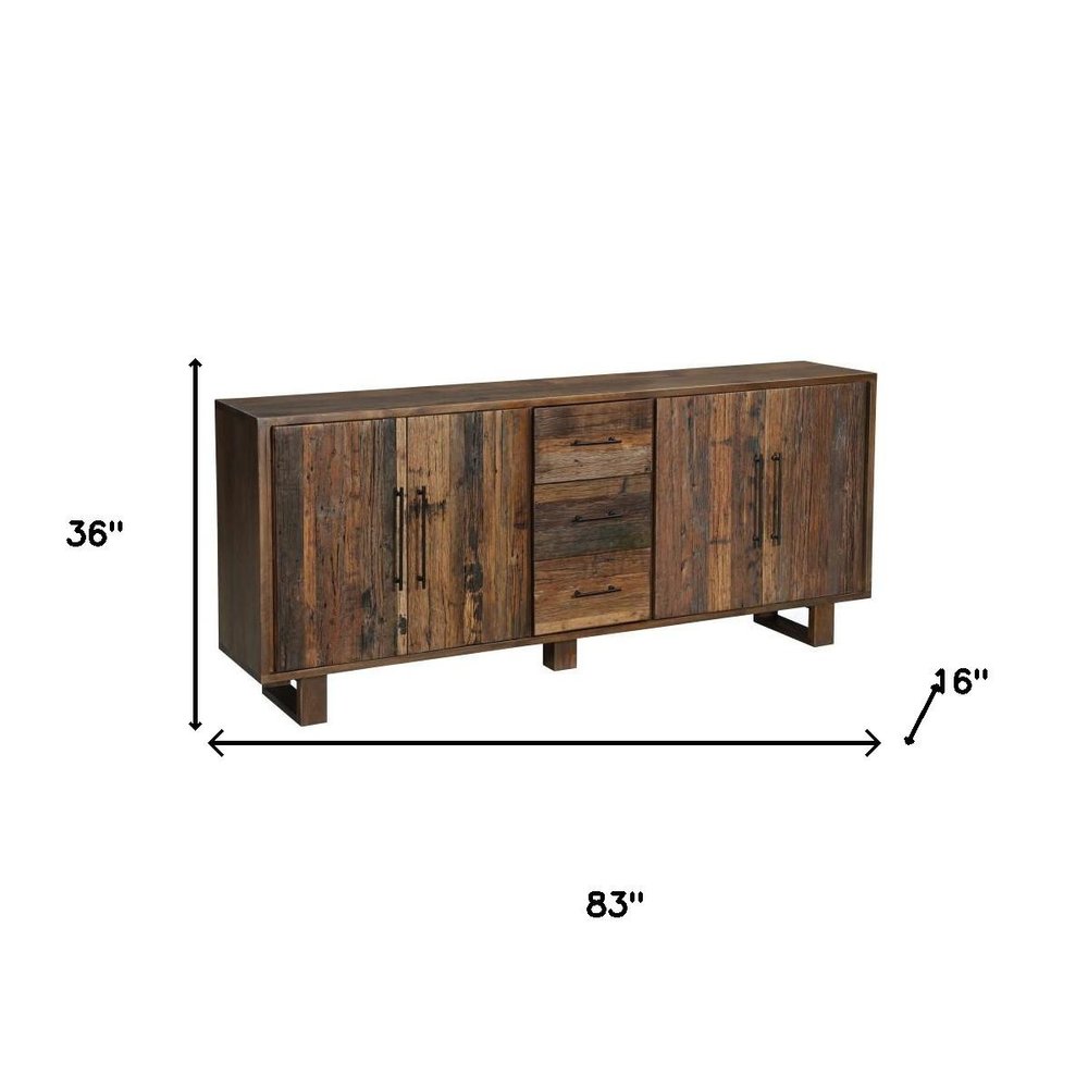 83" Dark Brown Distressed Reclaimed Wood Three Drawer Sideboard with Four Doors HomeRoots